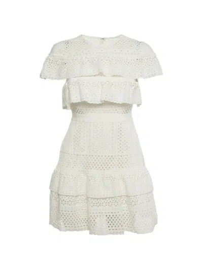 Pre-owned Self-portrait Broderie Anglaise Ruffled Dress In White