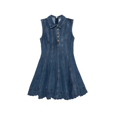 Self-portrait Paneled Broderie Anglaise Denim Mini Dress In Blue
