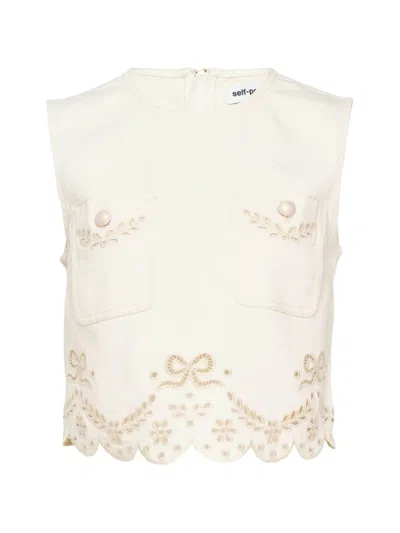 Self-portrait Broderie-anglaise Scalloped-hem Top In Neutral