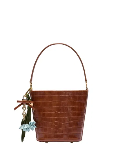Self-portrait Small Croco Embossed Leather Bucket Bag In Brown