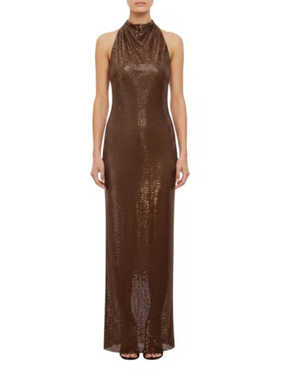 Self-portrait Brown Embellished Halter Neck Maxi Dress