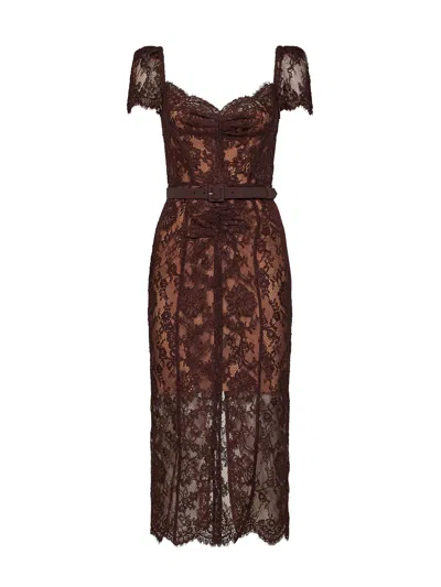 Self-portrait Brown Floral Lace Belted Midi Dress