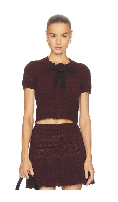Self-portrait Brown Pointelle Knit Top In Burgundy