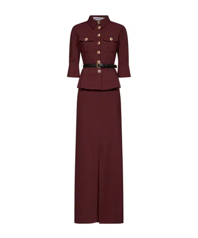 Self-portrait Brown Twill Belted Maxi Dress In Burgundy