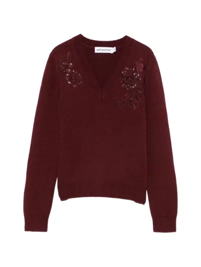 Self-portrait Burgundy Flower Wool Jumper In Red
