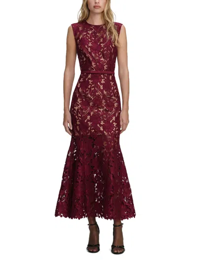 Self-portrait Burgundy Guipure Lace Midi Dress With Defined Waist In Red