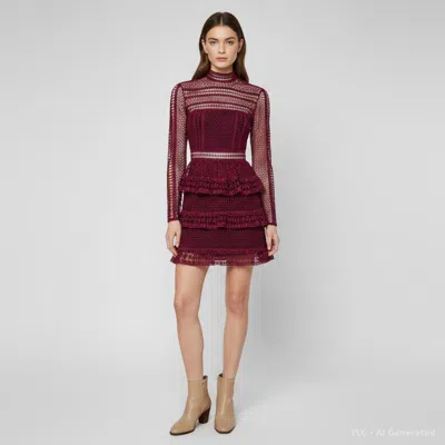 Pre-owned Self-portrait Burgundy Guipure Lace Sheer Ruffle Mini Dress S
