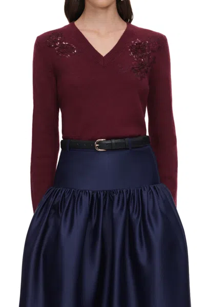 Self-portrait Burgundy Knit Sweater With Deep V-neckline And Floral Embellishments In Red