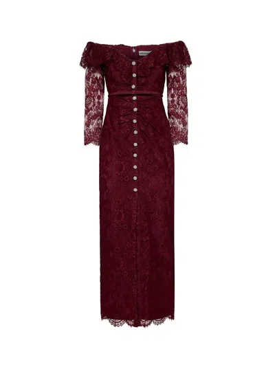 Self-portrait Burgundy Lace Belted Off-the-shoulder Maxi Dress In Brown