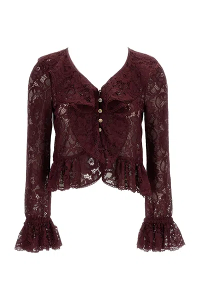 Self-portrait Burgundy Lace Ruffle Crop Top In Red