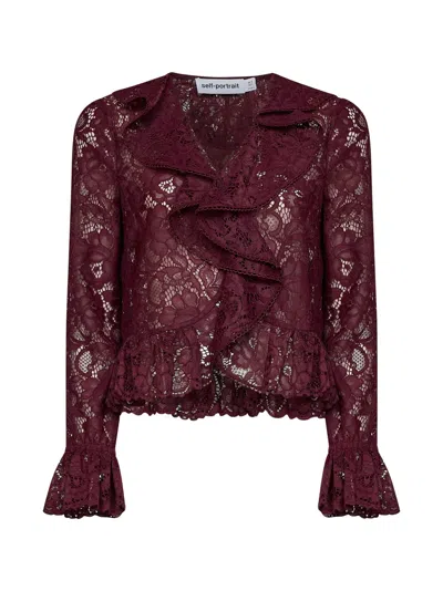 Self-portrait Burgundy Lace Ruffle Crop Top In Brown