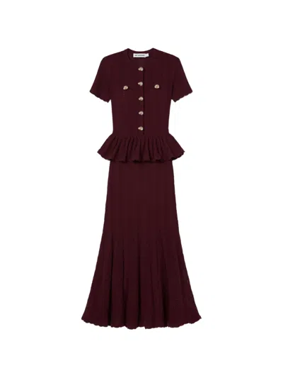 Self-portrait Burgundy Pointelle Peplum Knit Midi Dress