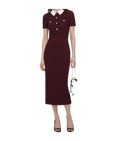 Self-portrait Burgundy Textured Knit Midi Dress In Brown