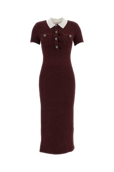 Self-portrait Burgundy Textured Waffle-knit Polo Midi Dress