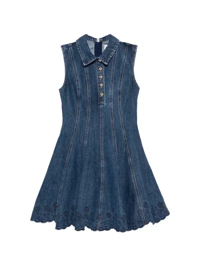 Self-portrait Paneled Broderie Anglaise Denim Mini Dress In Blue