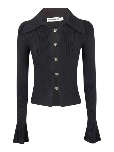 Self-portrait Button Down Knit Top In Black