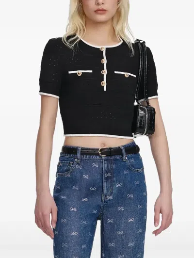 Self-portrait Cropped Button-embellished Metallic Cotton-blend Pointelle-knit Top In Black