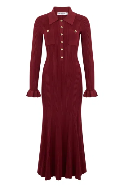 Self-portrait Button-embellished Ribbed-knit Midi Dress In Burgundy