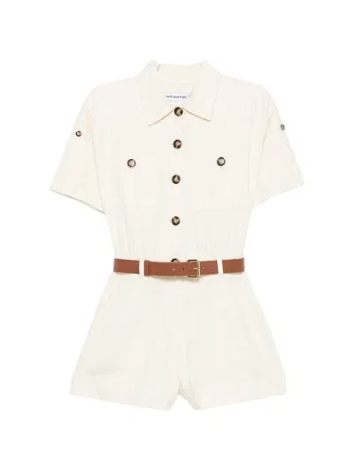 Self-portrait Button-fastening Short-sleeve Denim Playsuit In Neutral