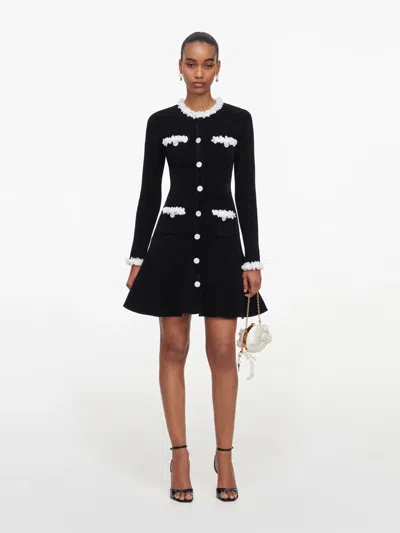 Self-portrait Button-front Dress With Contrast Floral Trim And Functional Pockets In Nero