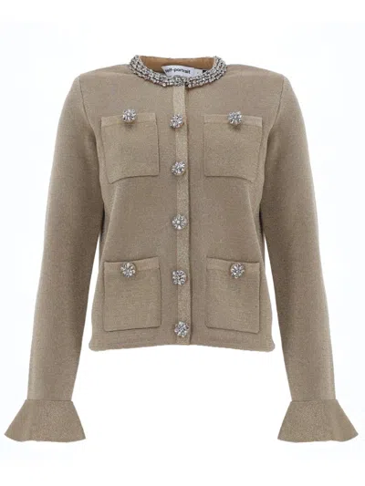 Self-portrait Cardigan Con Bottoni Gioiello In Brown