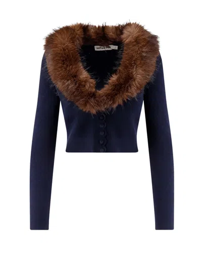 Self-portrait Cropped Faux Fur Collar Knit Cardigan In Blue