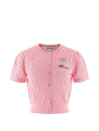 Self-portrait Cardigan Corto Rosa Con Ricamo Fiori E Logo Self Portrait