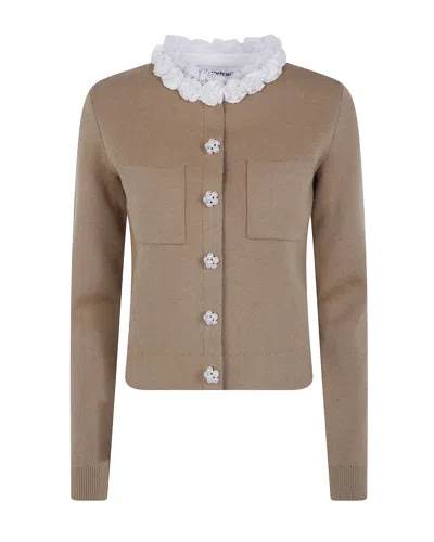 Self-portrait Brown Lace-trimmed Wool-blend Cardigan