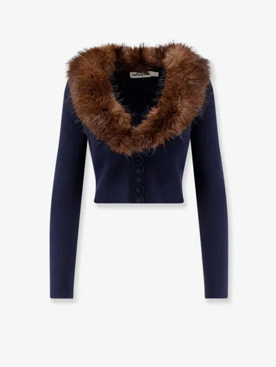 Self-portrait Cardigan With Faux Fur Profile In Blue