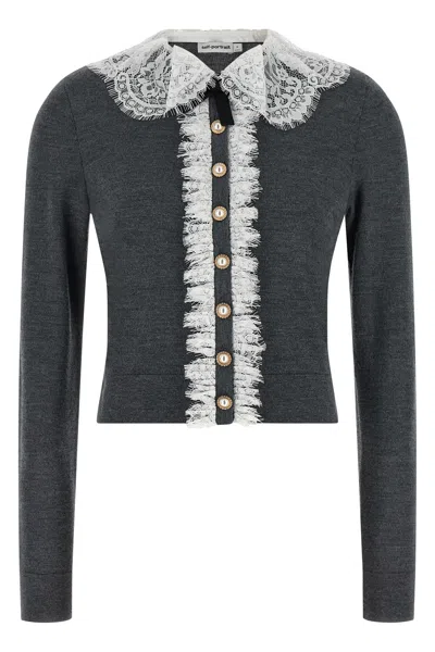 Self-portrait Cardigan With Lace Collar In Gray