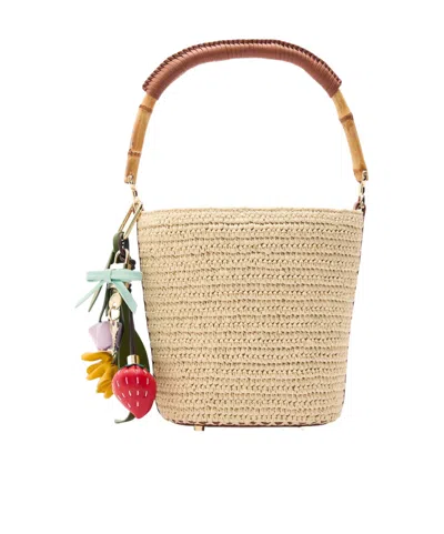 Self-portrait Charm-embellished Leather And Raffia Bucket Bag In Brown