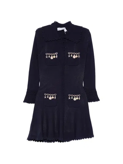 Self-portrait Charm-embellished Pointelle Knit Dress In Blue
