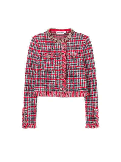 Self-portrait Check Frayed Knit Jacket In Red