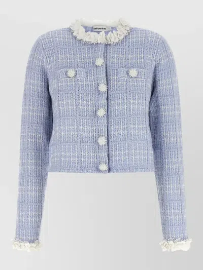 Self-portrait Check Knit Cropped Jacket Long Sleeves In Blue