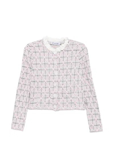 Self-portrait Check Knit Jacket In White