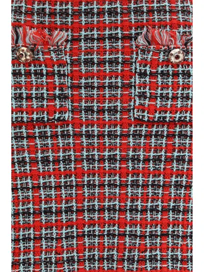 Self-portrait Check Knit With Frayed Edges Midi Skirt In Red