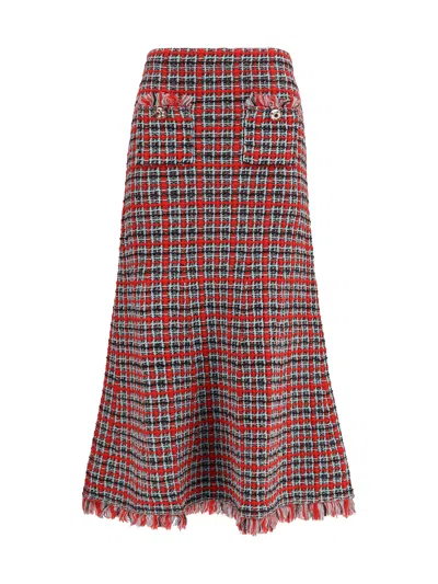 Self-portrait Check Knit With Frayed Edges Skirt In Red