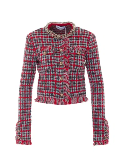 Self-portrait Checked Frayed Knit Jacket In Red