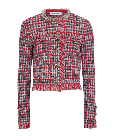 Self-portrait Checked-knit Cotton-blend Jacket In Multicolor