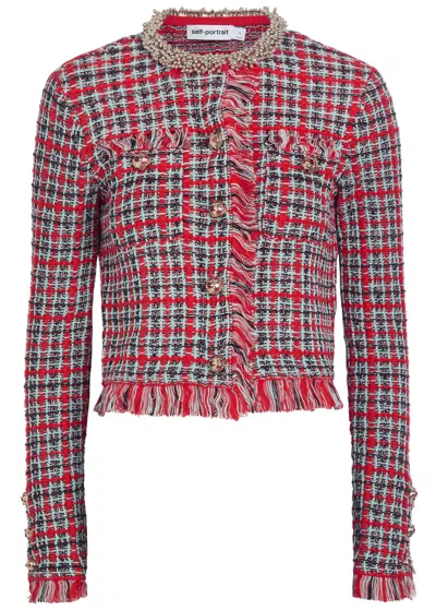Self-portrait Checked-knit Cotton-blend Jacket In Red
