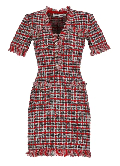 Self-portrait Checkered Midi Dress With Fringed Neckline And Jewel Buttons In Animal Print
