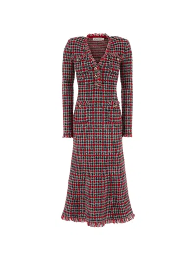 Self-portrait Self Portrait Red Check Frayed Knit Midi Dress In Multi
