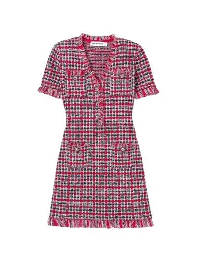 Self-portrait Check-pattern Frayed-trim Mini Dress In Multi