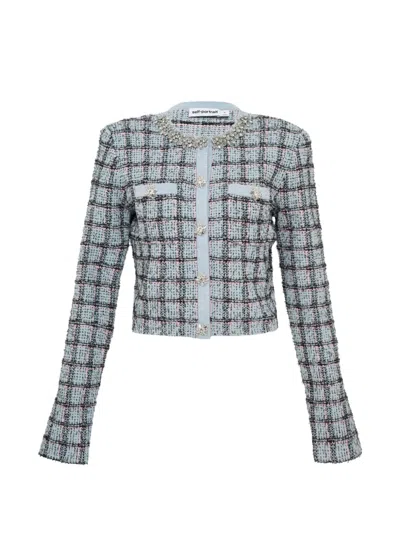 Self-portrait Check-pattern Knit Cotton Cardigan In Multi