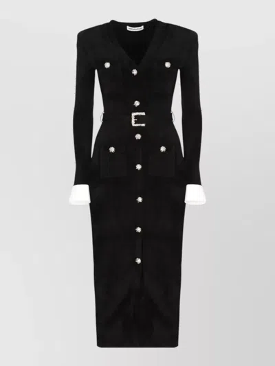 Self-portrait Chenille V-neck Long-sleeve Belted Knee-length Dress In Black