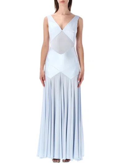 Self-portrait Womens Blue Dropped-waist Panelled Satin And Jersey Maxi Dress