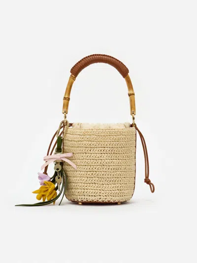 Self-portrait Chic Raffia Drawstring Pouch Handbag With Bamboo Handle In Neutral