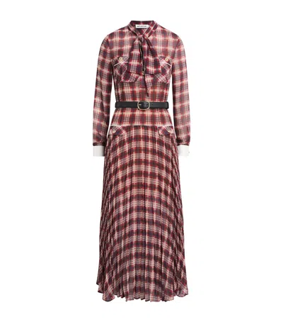 Self-portrait Belted Checked Chiffon Midi Dress In Burgundy