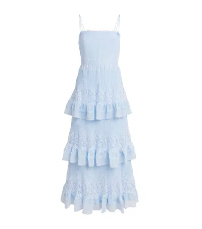 Self-portrait Chiffon Lace-trim Midi Dress In Blue