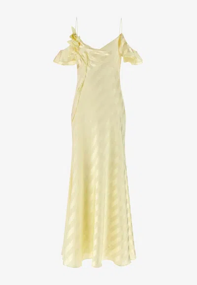 Self-portrait Cold-shoulder Satin Stripe Jacquard Maxi Dress In Yellow